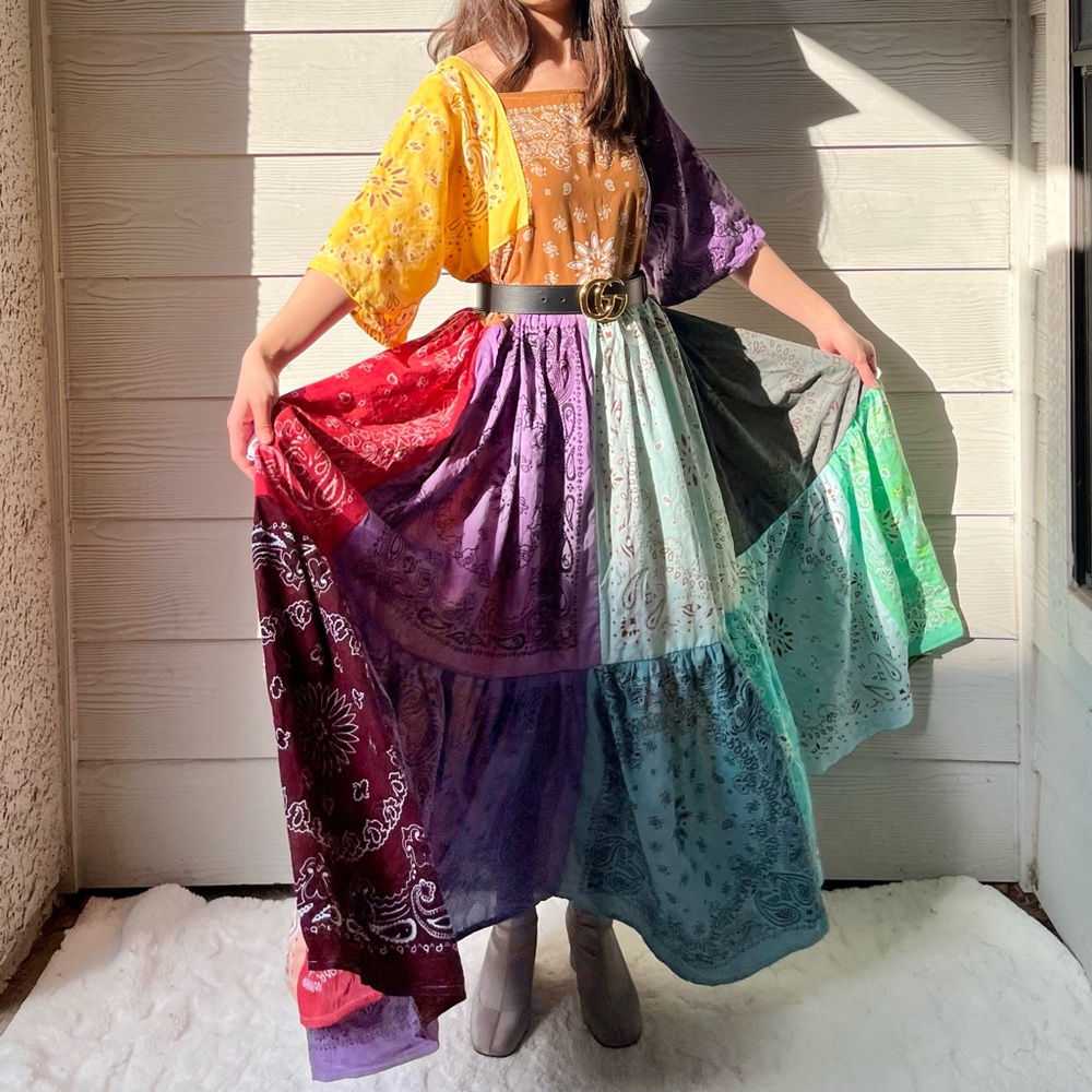 Rainbow | Handmade Earthy Voluminous Maxi Bandana Dress SKU 04294 - Picture 6 of 16